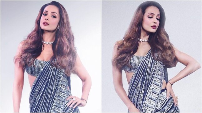 Malaika Arora in blue sequinned saree and sleeveless blouse is glamorous. All pics