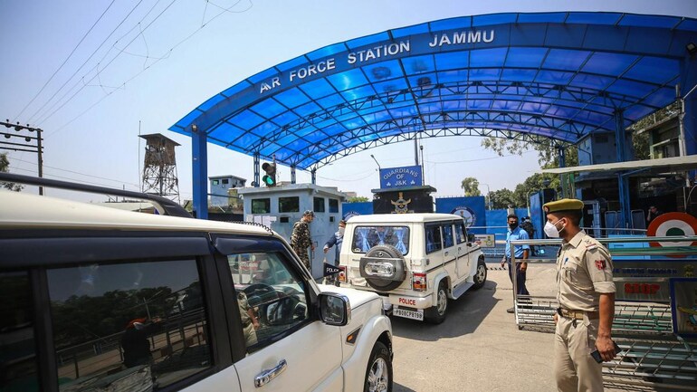Security officers outside the IAF station in Jammu on Tuesday