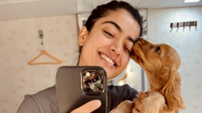 Rashmika Mandanna's pup Aura gives her a kiss in latest pic. Trending now