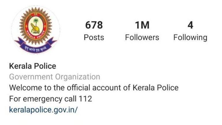 The Kerala Police Department has hit the milestone of one million followers on Instagram.  The Kerala Police Department has hit the milestone of one million followers on Instagram.