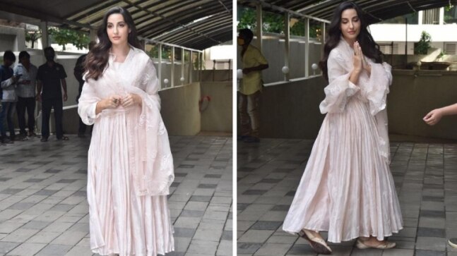 Nora Fatehi pairs her gorgeous anarkali suit with Rs 3k embellished juttis. See pics