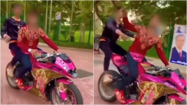 Bikers pull off scary stunt on road, Mumbai Police books them. Don't miss viral post