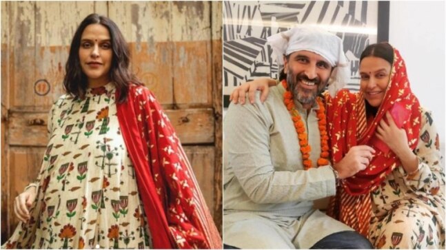 Pregnant Neha Dhupia in Rs 30k anarkali kurta set is at her festive best. See pics
