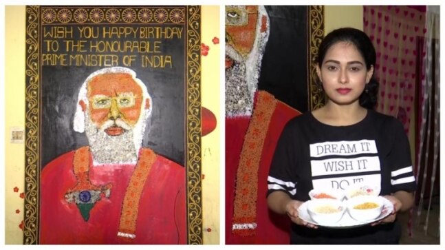 Odisha artist makes 8-feet-long portrait of PM Modi using food grains on his 71st birthday. Viral pics