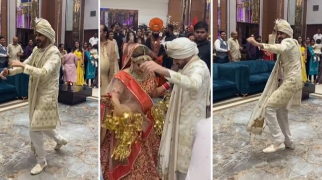 Desi groom welcomes bride at the wedding venue with superb dance performance. Viral video