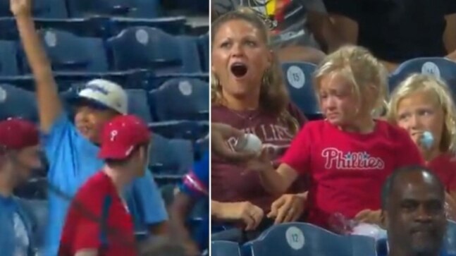 10-year-old baseball fan catches foul ball at game, gives it to a crying little girl. Viral video