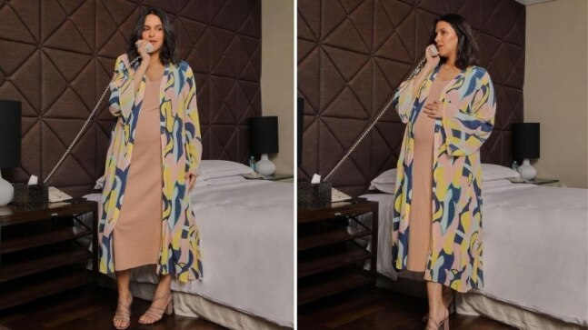Mom-to-be Neha Dhupia keeps it simple in nude dress and shrug for new photoshoot