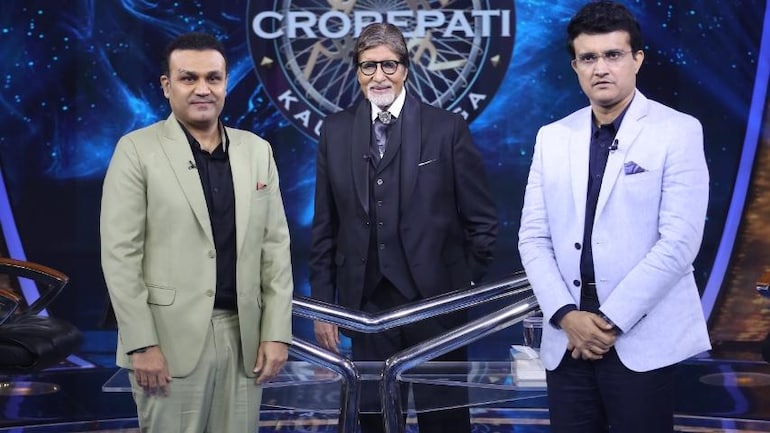 Sourav Ganguly and Virendra Sehwag with Amitabh Bachchan on the sets of KBC 13. Sourav Ganguly and Virendra Sehwag with Amitabh Bachchan on the sets of KBC 13.