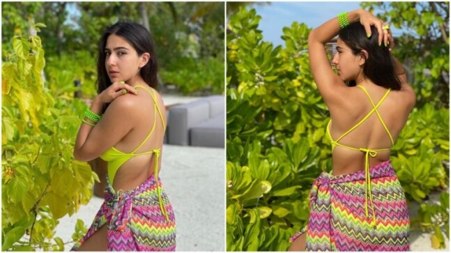 Sara Ali Khan poses in a neon bikini with a multicoloured sarong in Maldives