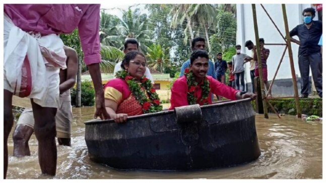 Bride and groom reach wedding hall in cooking vessel amid heavy rainfall in Kerala. Viral video