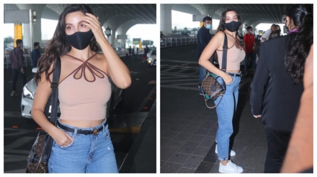 Nora Fatehi in chic top and denims with Louis Vuitton sling bag is the queen of luxury style