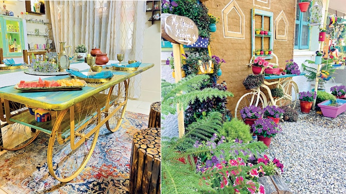 A cart transformed into a six-seater dining table; a cycle is now a shelf to hold plants Transforming trash into treasure