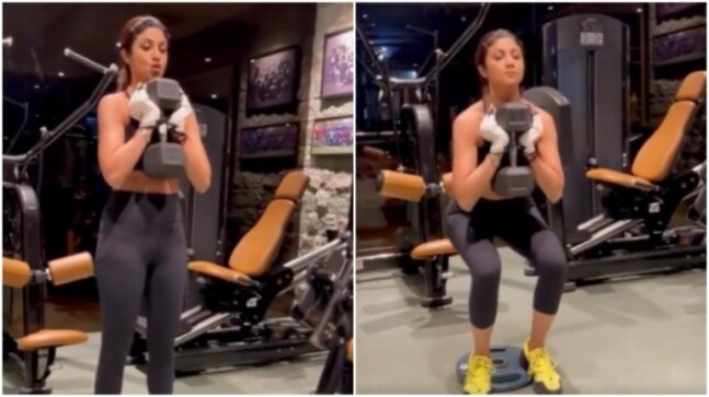 Shilpa Shetty in sports bra and tights does weighted squats at the gym in new video. Watch
