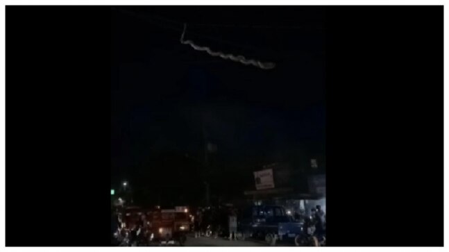 Huge snake spotted hanging from wire above marketplace in Philippines. Viral video