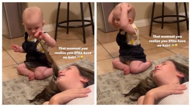 Baby girl realises she doesn't have hair after touching her mom's head. Viral video will leave you in splits