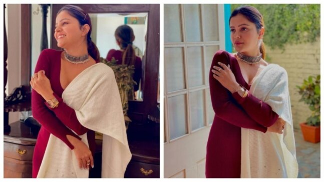 Rubina Dilaik in maroon woollen dress looks ultra-chic. See pics