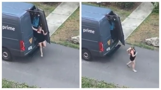 Woman in mini dress steps out of Amazon delivery man’s truck in viral video. He was fired