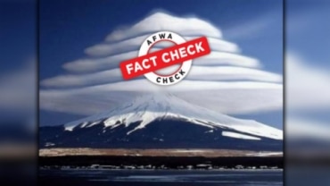 Several users have posted this image showing a uniformly stacked neat cloud formation over Mount Fuji. The caption says, “Lenticular clouds hovering over Mount Fuji in Japan.”