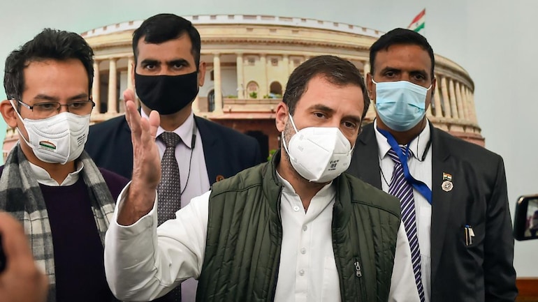 Rahul Gandhi speaking to the media at Parliament complex on Monday