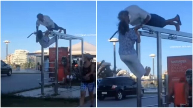 Elderly couple steal a kiss while working out together in viral video. Internet hearts it