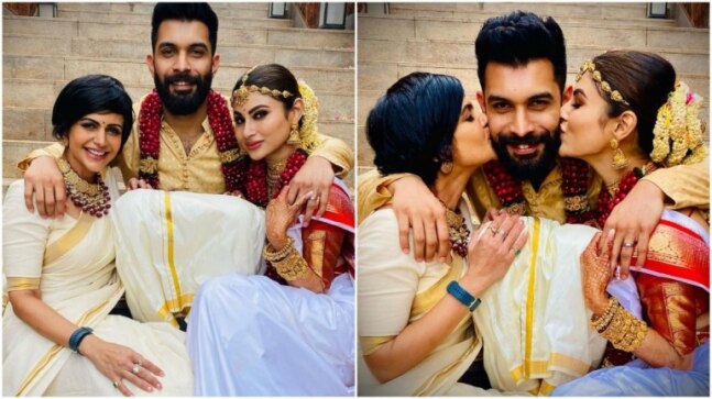 Mouni Roy, Suraj ki shaadi: Mandira Bedi poses with newlyweds Mr and Mrs Nambiar. See pics