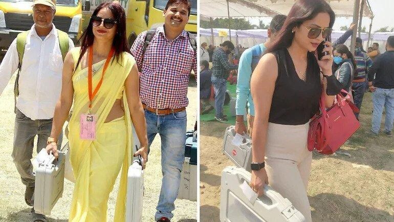 (Left) Reena Dwivedi in a picture from 2019. (Right) Reena Dwivedi's recent pictures from the polling booth. (Left) Reena Dwivedi in a picture from 2019. (Right) Reena Dwivedi's recent pictures from the polling booth.