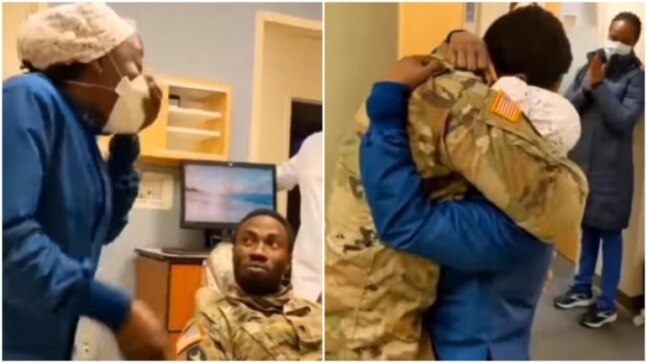 Soldier surprises wife at work upon return from deployment in viral video. We are not crying, you are