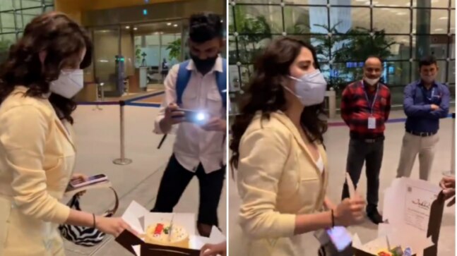 Janhvi Kapoor cuts birthday cake gifted by paps at Mumbai airport, fans appreciate her humble nature