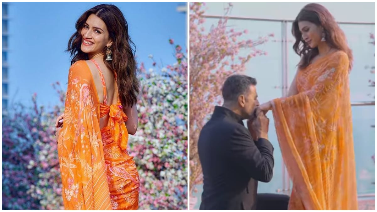 Kriti Sanon in Rs 70k orange Anita Dongre saree romances Akshay ...