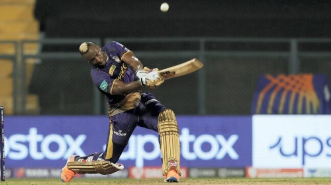 Kolkata Knight Riders’ Andre Russell breaks a chair with his brutal stroke-making