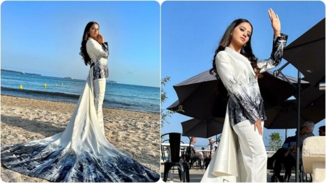 Helly Shah is a 'soul full of sunshine' in printed pantsuit with dramatic cape at Cannes 2022