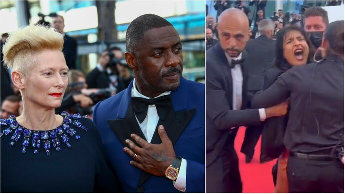 Unidentified woman crashes Three Thousand Years of Longing red carpet event at Cannes 2022. (Photo: AFP, screengrab)