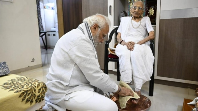 PM Modi visits mother to seek blessings as she turns 100 today