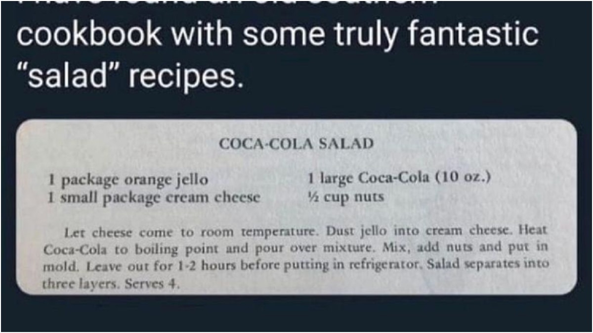 This salad recipe with CocaCola, cream cheese and orange jello has
