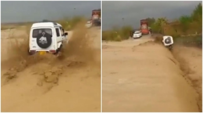 Car plunges into ditch after speeding on flooded road. Viral video has powerful message