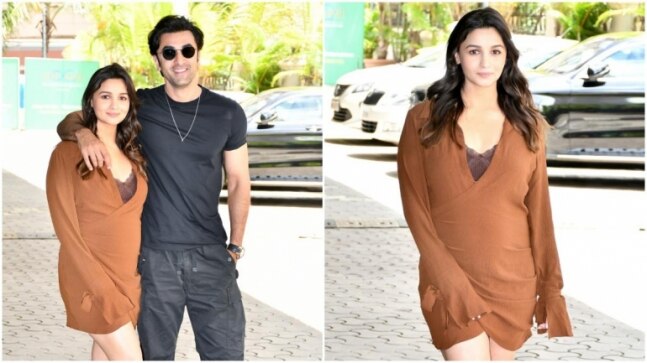 Alia Bhatt in brown wrap dress shows off her baby bump as she poses with Ranbir Kapoor