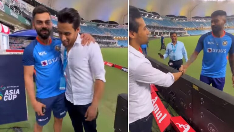 Maaro Mujhe Maaro guy Momin Saqib meets Kohli and Pandya after India vs Pakistan match. (Image courtesy: Instagram) Maaro Mujhe Maaro guy Momin Saqib meets Kohli and Pandya after India vs Pakistan match. (Image courtesy: Instagram)