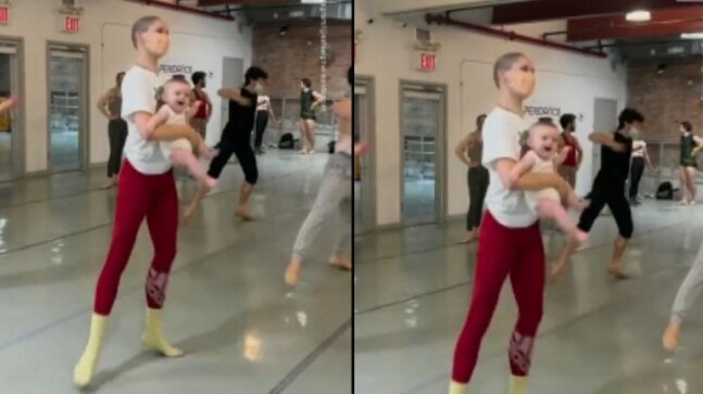 Brooklyn mother practices ballet with little baby boy in her arms. Watch viral video