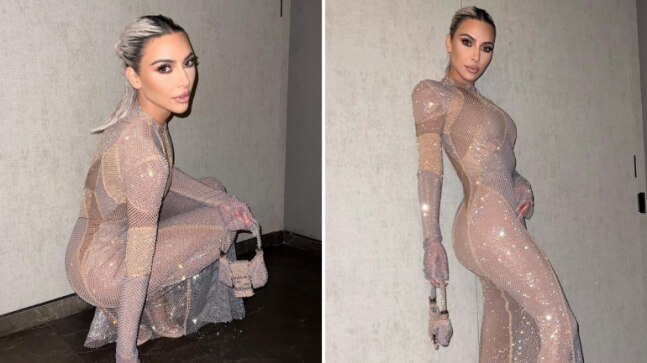 Kim Kardashian goes bold in sheer sequinned gown at New York Fashion Week. Stunning pics