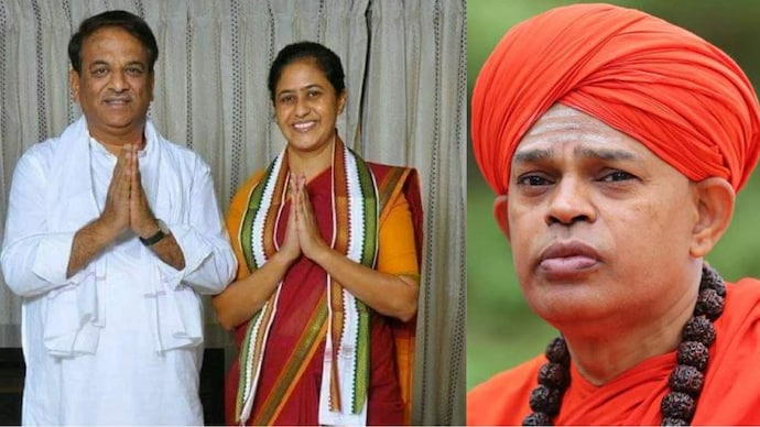 Former administrator of Karnataka’s Muruga mutt, SK Basavarajan, and his wife (L) and Lingayat seer Shivamurthy Murugha Sharanaru