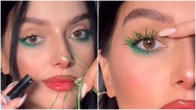 Woman uses blades of grass to make vegan eyelashes. Netizens have mixed reactions