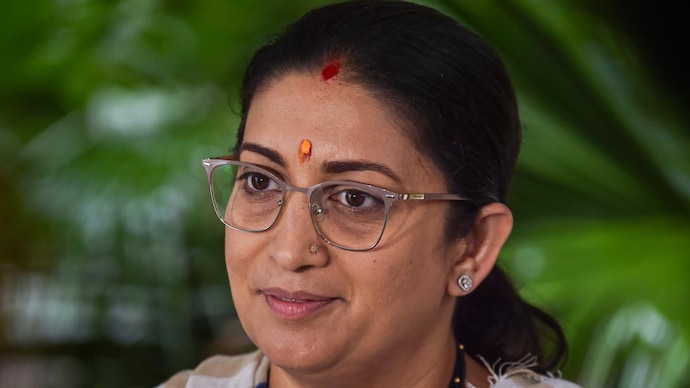 Union Women and Child Development Minister Smriti Irani interacts with the media while meeting with Lady Umpires and officials of the Legends League cricket (Photo: PTI)