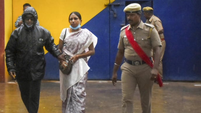 Nalini Sriharan, one of the convicts in the Rajiv Gandhi assassination case, being released from prison in Vellore. (PTI photo) Nalini Sriharan being released from prison in Vellore.