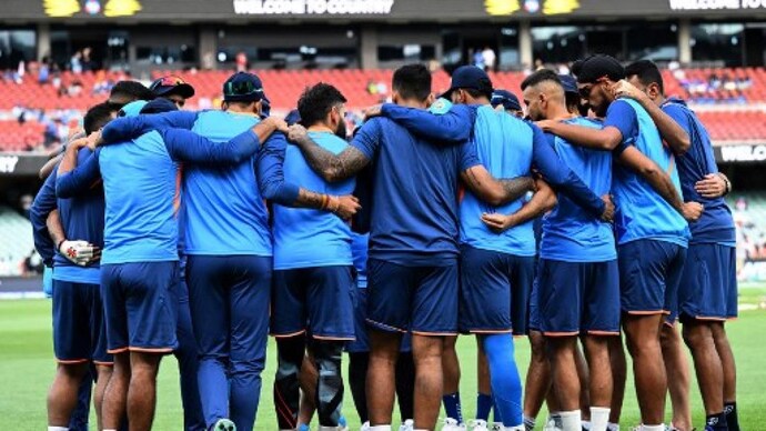 India took on England in the second semi-final in Adelaide (AP Photo) India team huddle
