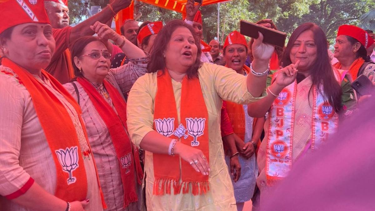 Women performing garba at the BJP Kamalam office in Gandhinagar