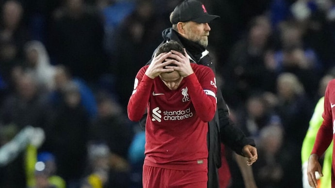 Liverpool's Andrew Robertson reacts after loss at Brighton. (AP Photo)