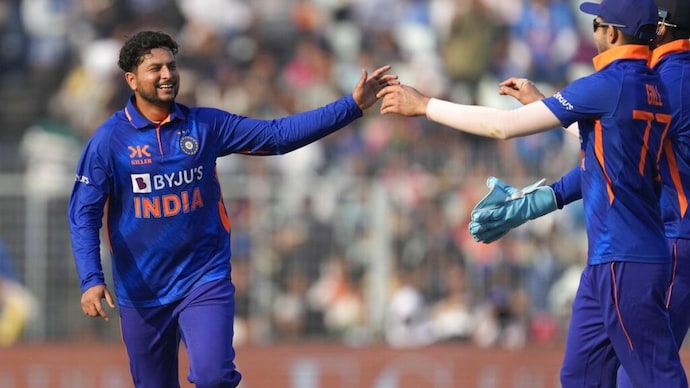 Kuldeep Yadav celebrates a wicket in 2nd ODI match against Sri Lanka. (AP Photo)