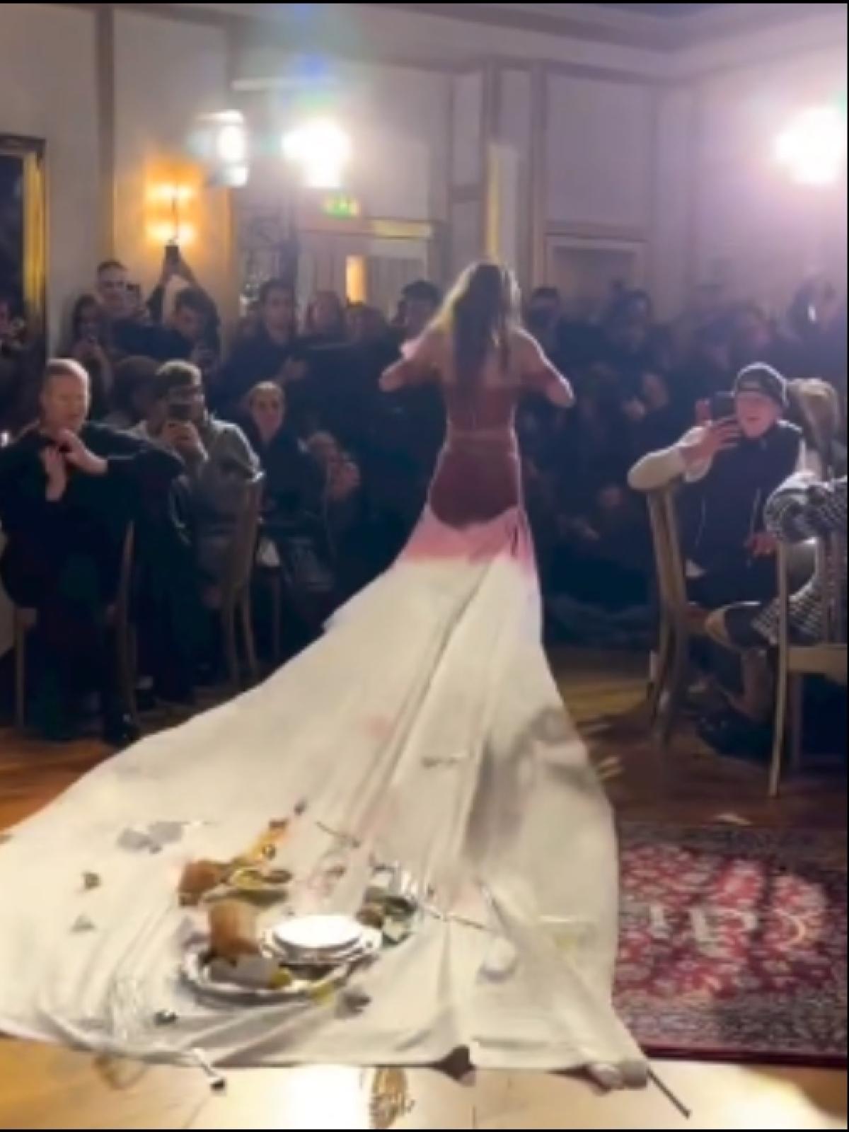 fashion week tablecloth dress Upcycled Vintage Tablecloth Dress with Red & Pink Floral Emrboidery