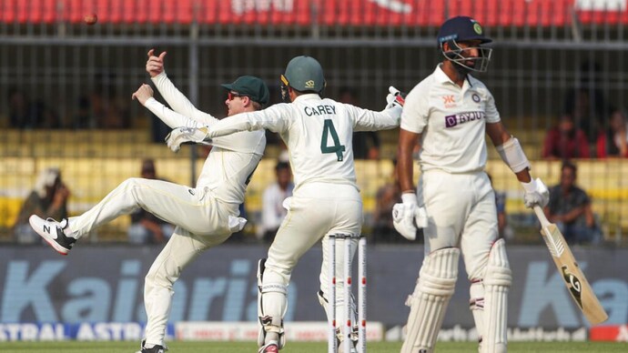 A massive moment: Lyon credits Smith for taking sharp catch to dismiss Pujara. Courtesy: AP