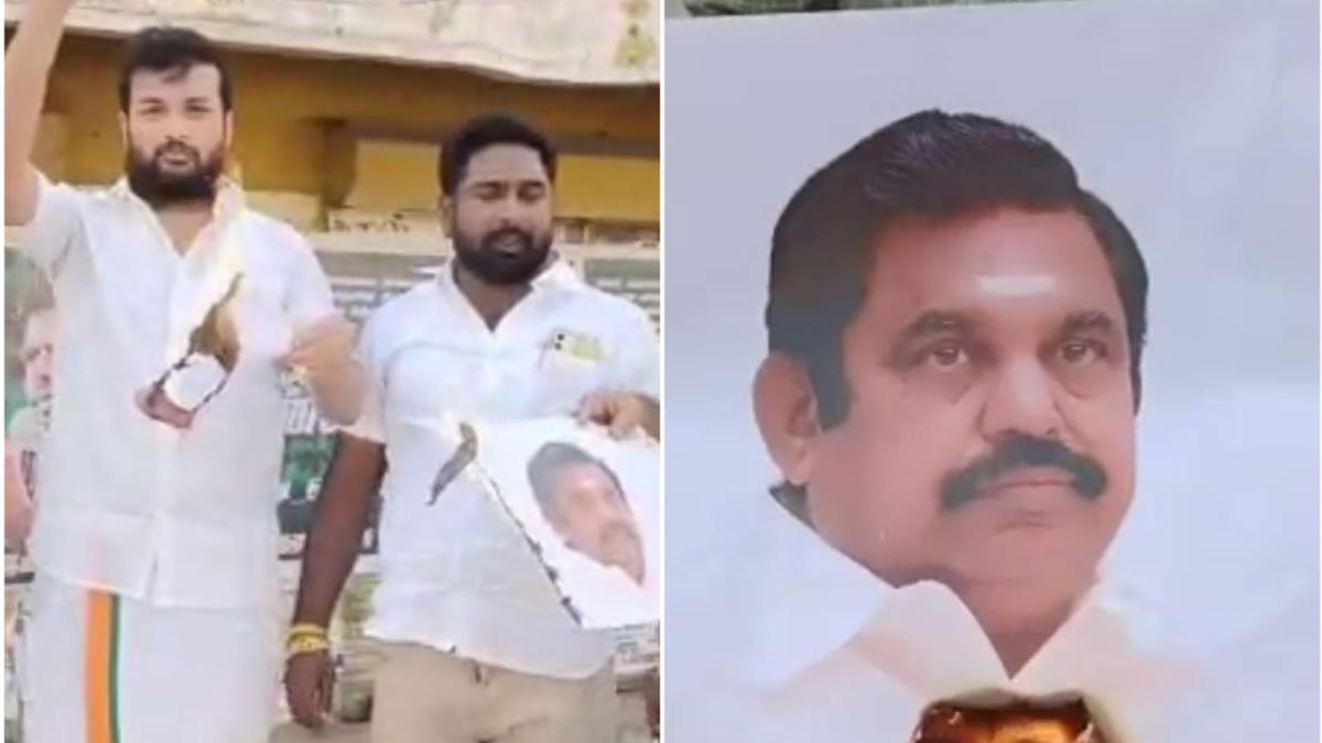 BJP workers burned photos of EPS in Thoothukudi district on Tuesday. 